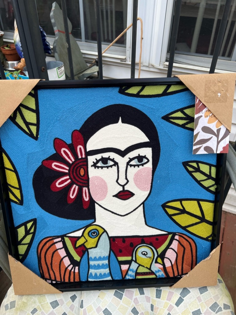 Woven Embroidered Textile Wall Art Frida Style Woman Birds Boho Decor 17”x17” BP